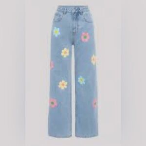 SHEIN Floral Embroidered Wide Leg Mom Jeans - Size 14 Girls 🌸
